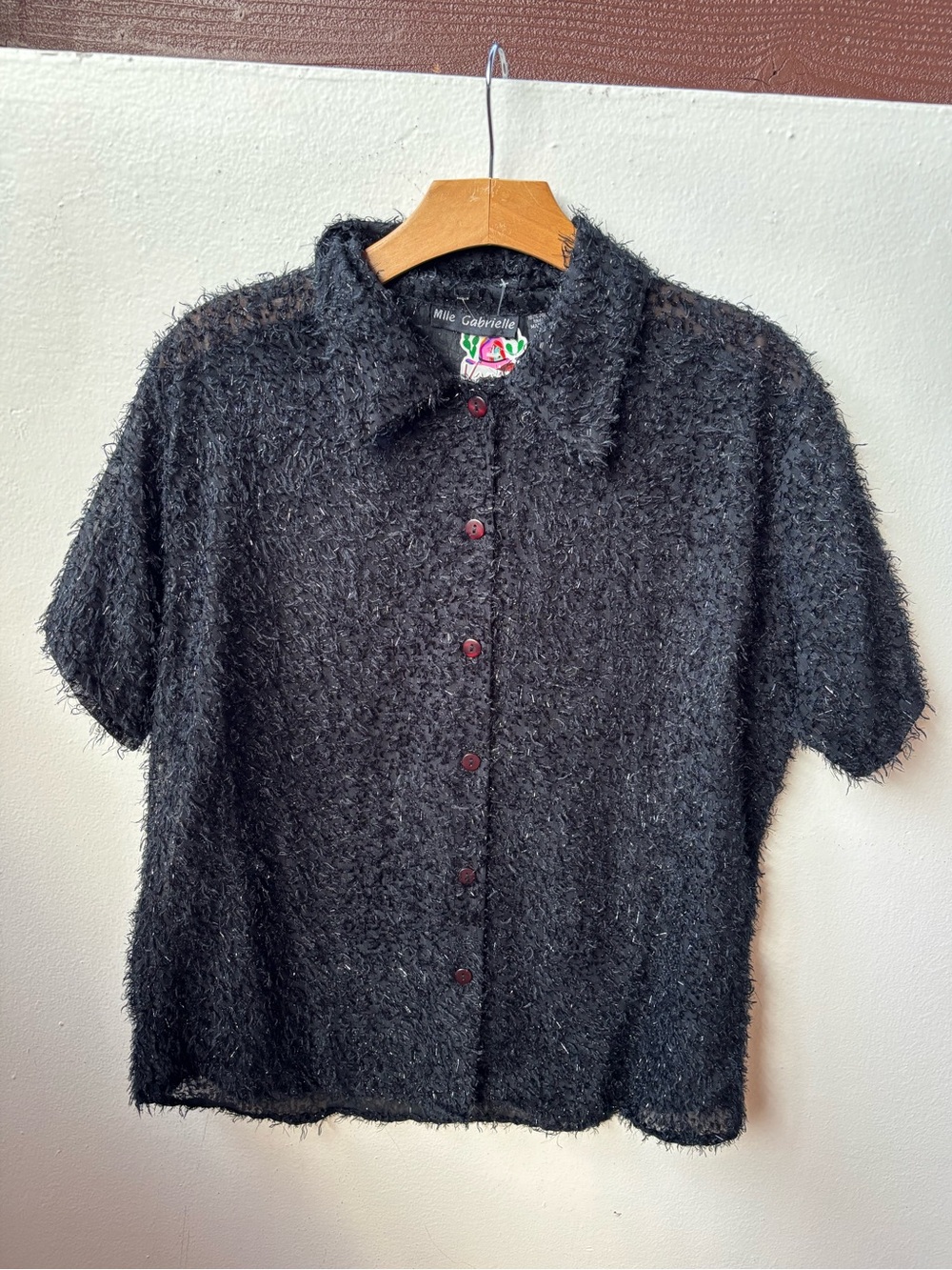 Mlle Gabrielle Black Fuzzy Button-Up Top